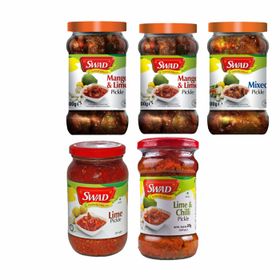 Swad Spicy Mango Pickle, Limetten-Pickle, Mango-Limetten-Pickle, Mixed Pickle, Limetten-Chili-Pickle 5X(300 g)